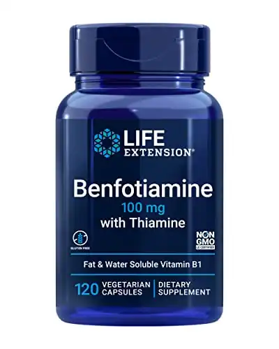 Life Extension Benfotiamine with Thiamine, Fat & Water Soluble Vitamin B1, Gluten Free, Healthy Metabolism,120 Vegetarian Capsules
