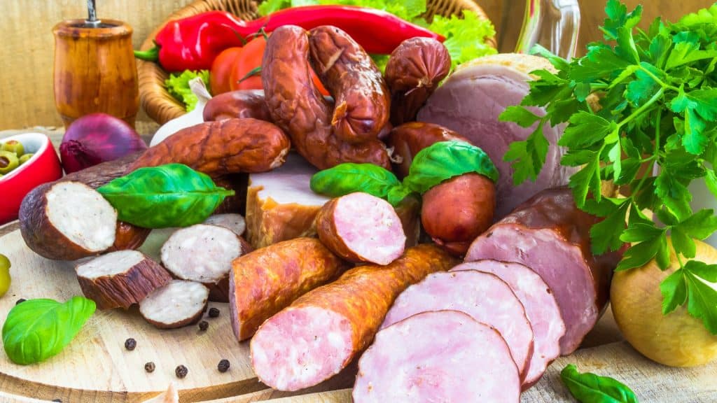 a basket of meat and vegetables